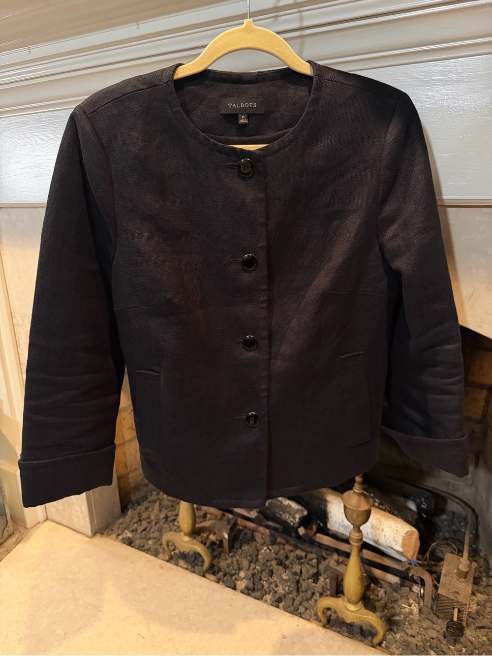 Talbots Black Collarless Button Front 100% Linen Blazer Size 10